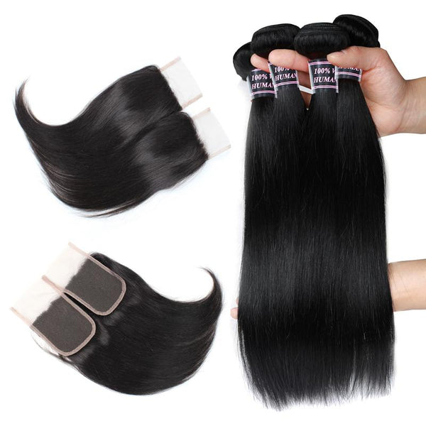 Easy Hair Virgin Human Hair Indian Straight Weave Hair 4 Bundles With Lace Closure - Easy Hair