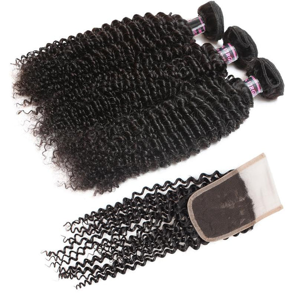 Easy Hair Natural Indian Curly Hair Extensions 3pcs With Lace Closure - Easy Hair