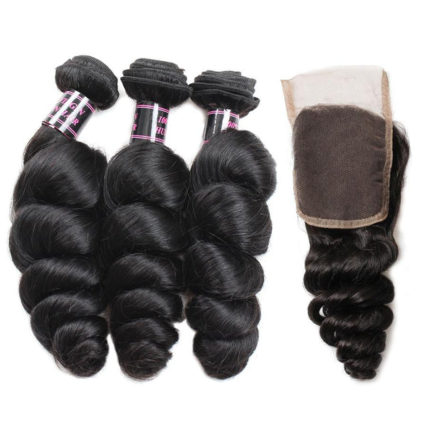 Easy Hair Peruvian Virgin Hair Loose Wave 3 Bundles With Lace Closure - Easy Hair