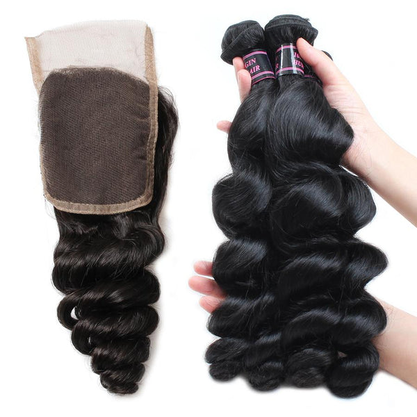 Easy Hair Virgin Indain Loose Wave Hair Bundles 3pcs With Lace Closure - Easy Hair