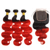 Indian T1B/39J Ombre Body Wave Virgin Human Hair Extensions 3 Bundles With 4x4 Lace Closure