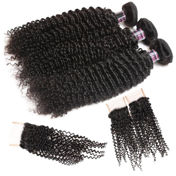 Easy Hair Peruvian Kinky Curly Human Hair 3 Bundles With Lace Closure - Easy Hair