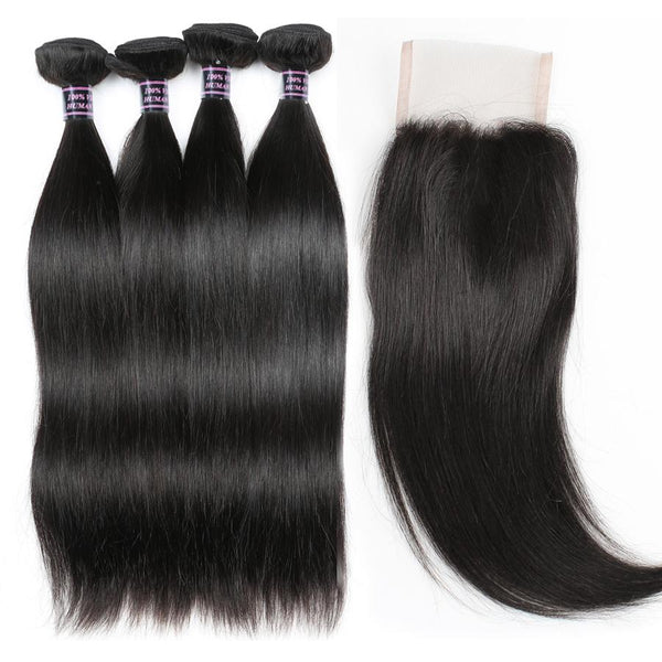 Easy Hair Virgin Human Hair Indian Straight Weave Hair 4 Bundles With Lace Closure - Easy Hair