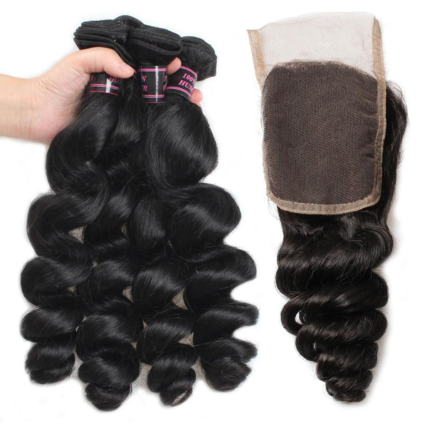 Easy Hair Natural Indian Hair Loose Wave Human Hair 4 Bundles With Lace Closure - Easy Hair