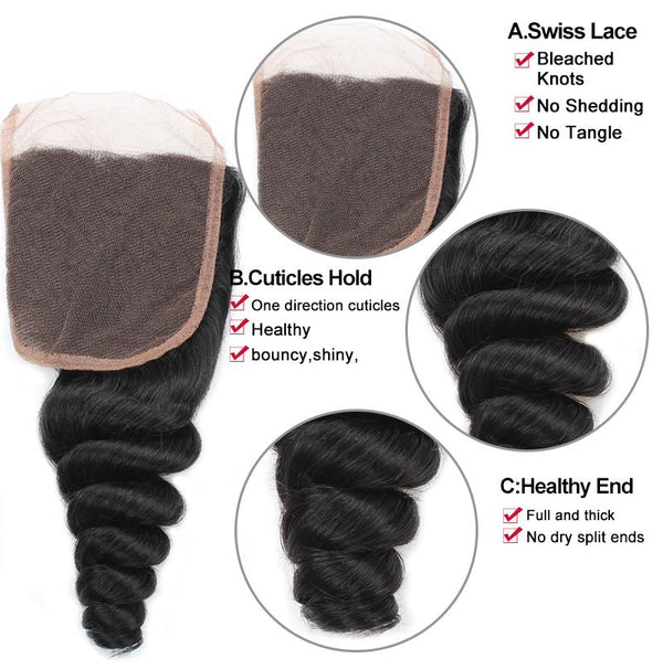 Easy Hair 10A Unprocessed Peruvian Loose Wave Human Hair 3 Bundles With Lace Closure - Easy Hair