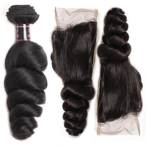 Easy Hair Natural Indian Hair Loose Wave Human Hair 4 Bundles With Lace Closure - Easy Hair