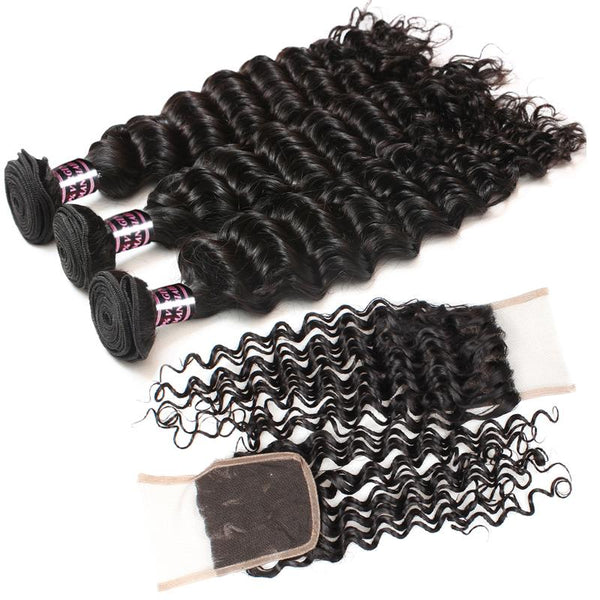 Easy Hair Peruvian Virgin Hair Deep Wave 3 Bundles With Free Part Lace Closure - Easy Hair