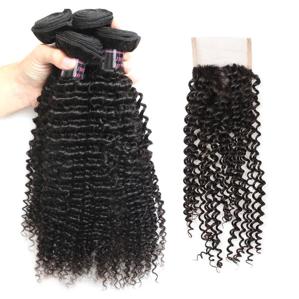 Easy Hair Virgin Indian Human Hair Curly Weave 4 Bundles With Lace Closure - Easy Hair