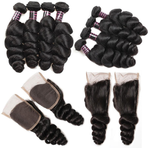 Easy Hair Peruvian Loose Wave Human Hair Weave 4 Bundles with Lace Closure - Easy Hair