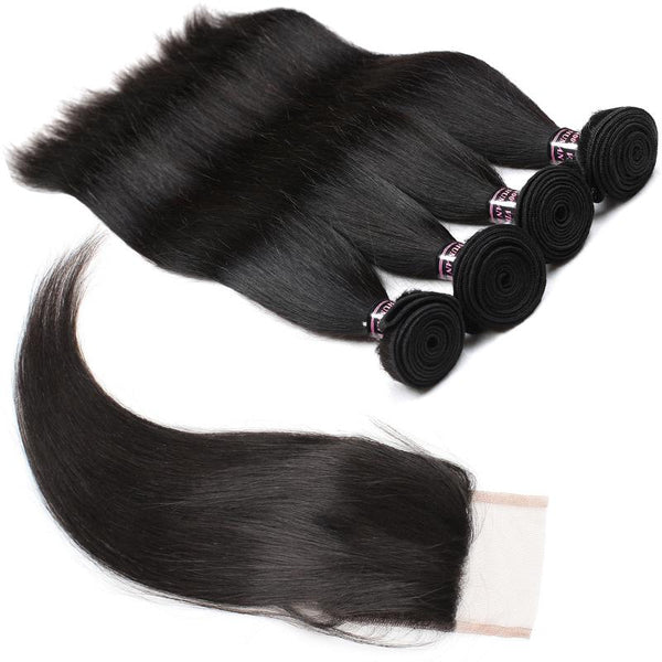 Easy Hair Brazilian Straight Human Hair 4 Bundles With Straight Lace Closure - Easy Hair