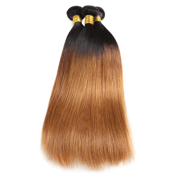 Easy Hair Ombre T1B30 Indian Virgin Straight Wave Human Hair Extensions 3 Bundles With 4*4 Lace Closure - Easy Hair