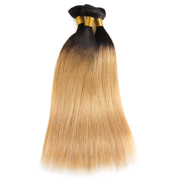 Easy Hair Ombre T1B/27 Brazilian Virgin Straight Wave Human Hair Extensions 3 Bundles With 4*4 Lace Closure - Easy Hair