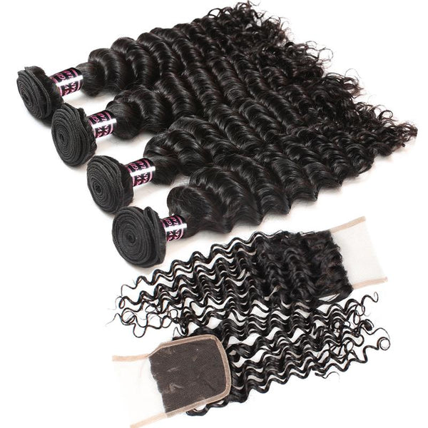 Easy Hair Peruvian Deep Wave Human Hair Weave 4 Bundles With Lace Closure - Easy Hair