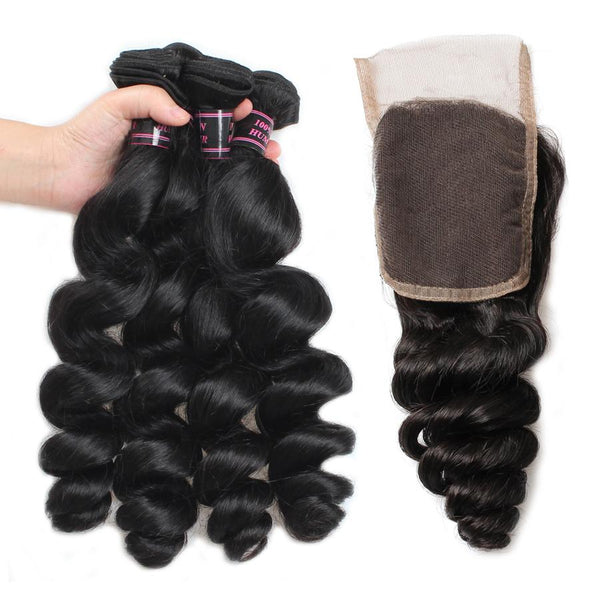 Easy Hair Peruvian Loose Wave Human Hair Weave 4 Bundles with Lace Closure - Easy Hair