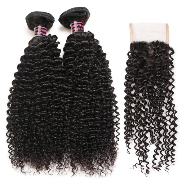 Easy Hair Natural Indian Curly Hair Extensions 3pcs With Lace Closure - Easy Hair