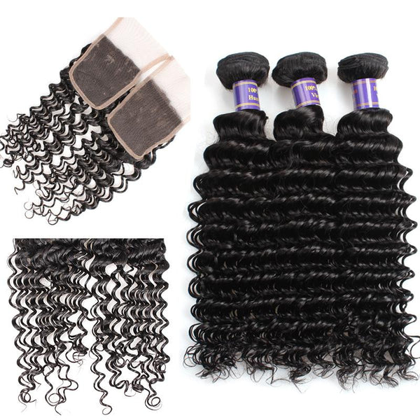 Easy Hair 10A Unprocessed Malaysian Deep Wave Human Hair 3 Bundles With Lace Closure - Easy Hair