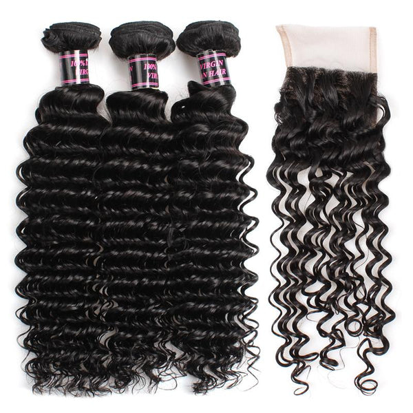 Easy Hair Malaysian Deep Wave 4 Bundles Virgin Human Hair With Lace Closure - Easy Hair