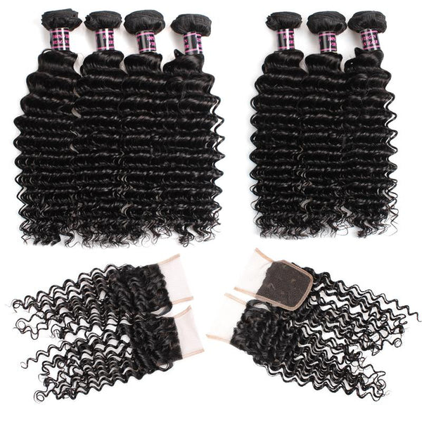 Easy Hair Peruvian Deep Wave Human Hair Weave 4 Bundles With Lace Closure - Easy Hair