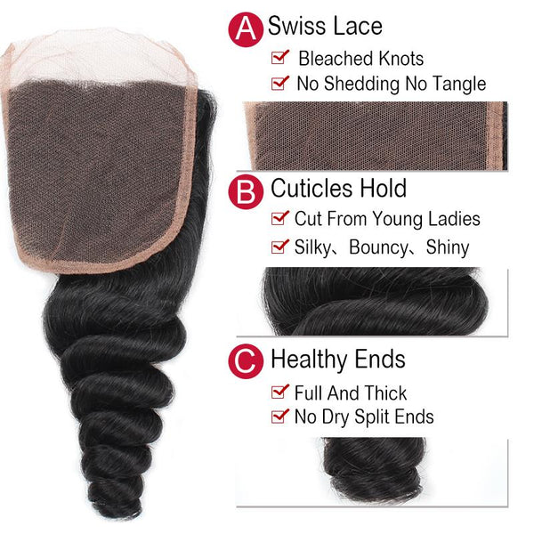 Easy Hair Unprocessed 10A Brazilian Loose Wave Human Hair 3 Bundles With Lace Closure - Easy Hair