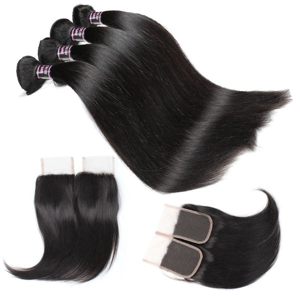 Easy Hair Malaysian Straight Hair Virgin Human Hair 4 Bundles With Lace Closure Hair - Easy Hair