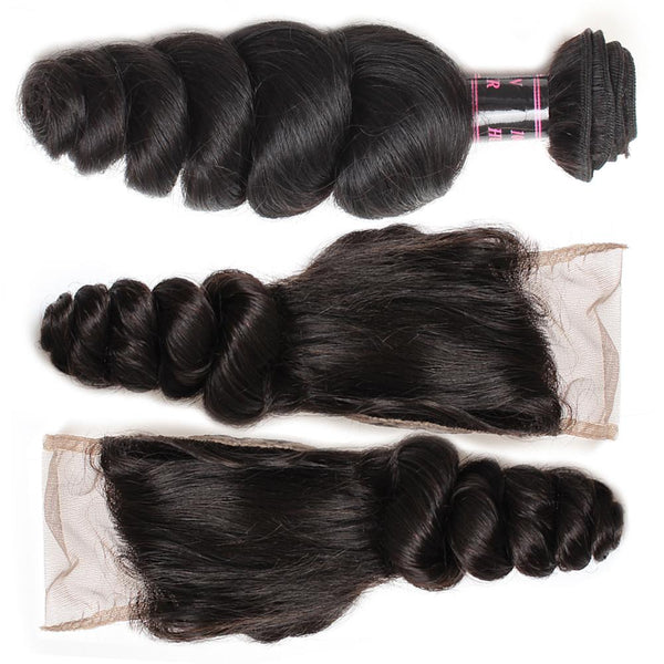 Easy Hair Natural Indian Hair Loose Wave Human Hair 4 Bundles With Lace Closure - Easy Hair