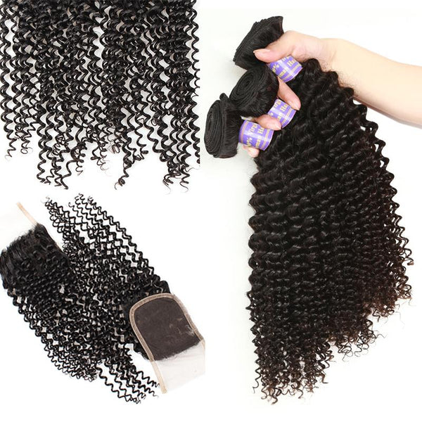 Easy Hair 10A Indian Kinky Curly Virgin Hair 4 Bundles With Lace Closure Human Hair - Easy Hair