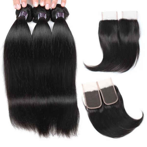 Easy Hair Virgin Human Hair Indian Straight Weave Hair 4 Bundles With Lace Closure - Easy Hair
