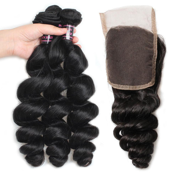 Easy Hair Brazilian Loose Wave Hairstyles 4 Bundles With Lace Closure Hair - Easy Hair