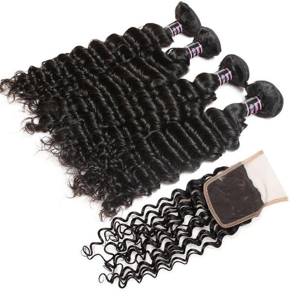 Easy Hair Peruvian Deep Wave Human Hair Weave 4 Bundles With Lace Closure - Easy Hair