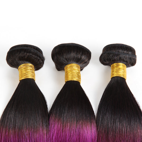 Easy Hair Ombre T1B/BUG Brazilian Virgin Straight Wave Human Hair Extensions 3 Bundles With 4*4 Lace Closure - Easy Hair